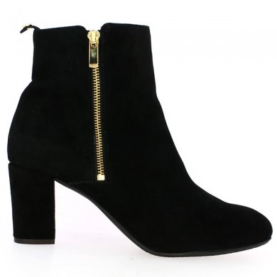 Women's large size black velvet heel boots with gold zip, profile view