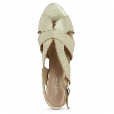 Shoesissime women's gold leather nude shoes with large heel, top view