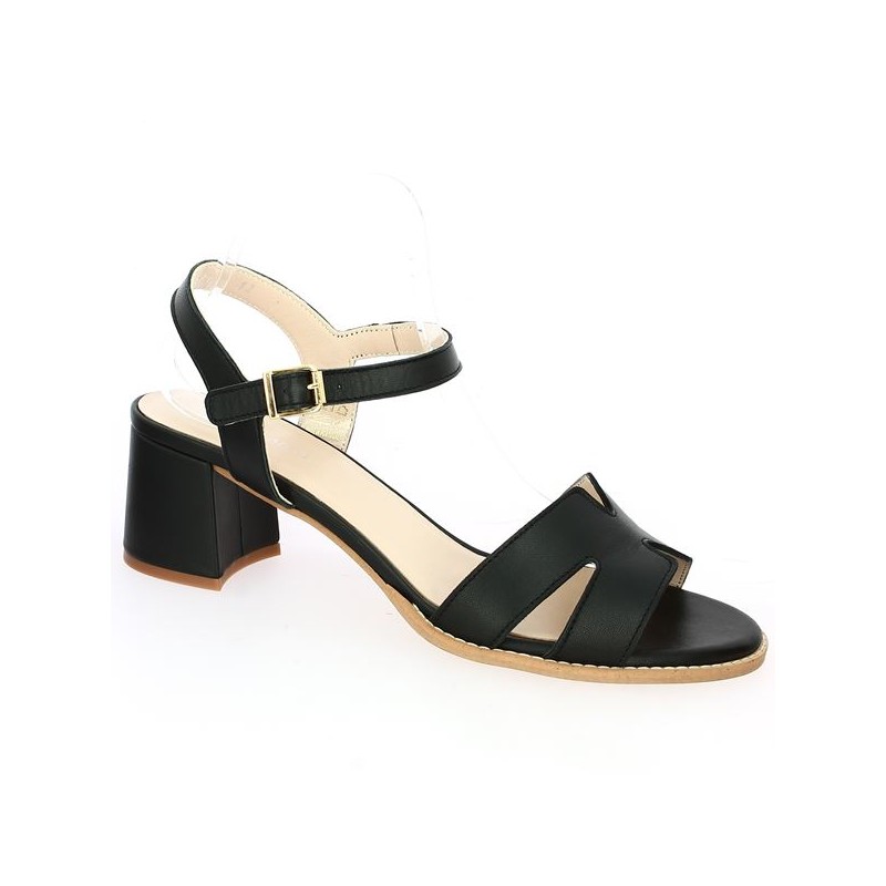 Stina - Black leather H-heel sandal - Barefoot women's large size - Shoesissime