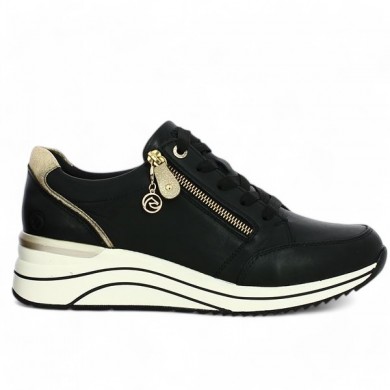 D0T03-01 baskets compensée cuir noir Remonte 42, 43, 44, 45 femme, vue profil
